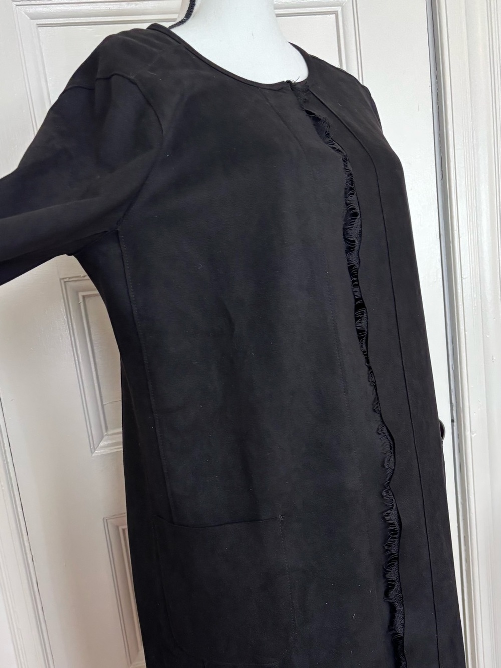Joan Vass Black Open-Front Blazer with Fringe Trim - Size L - Picture 5 of 11